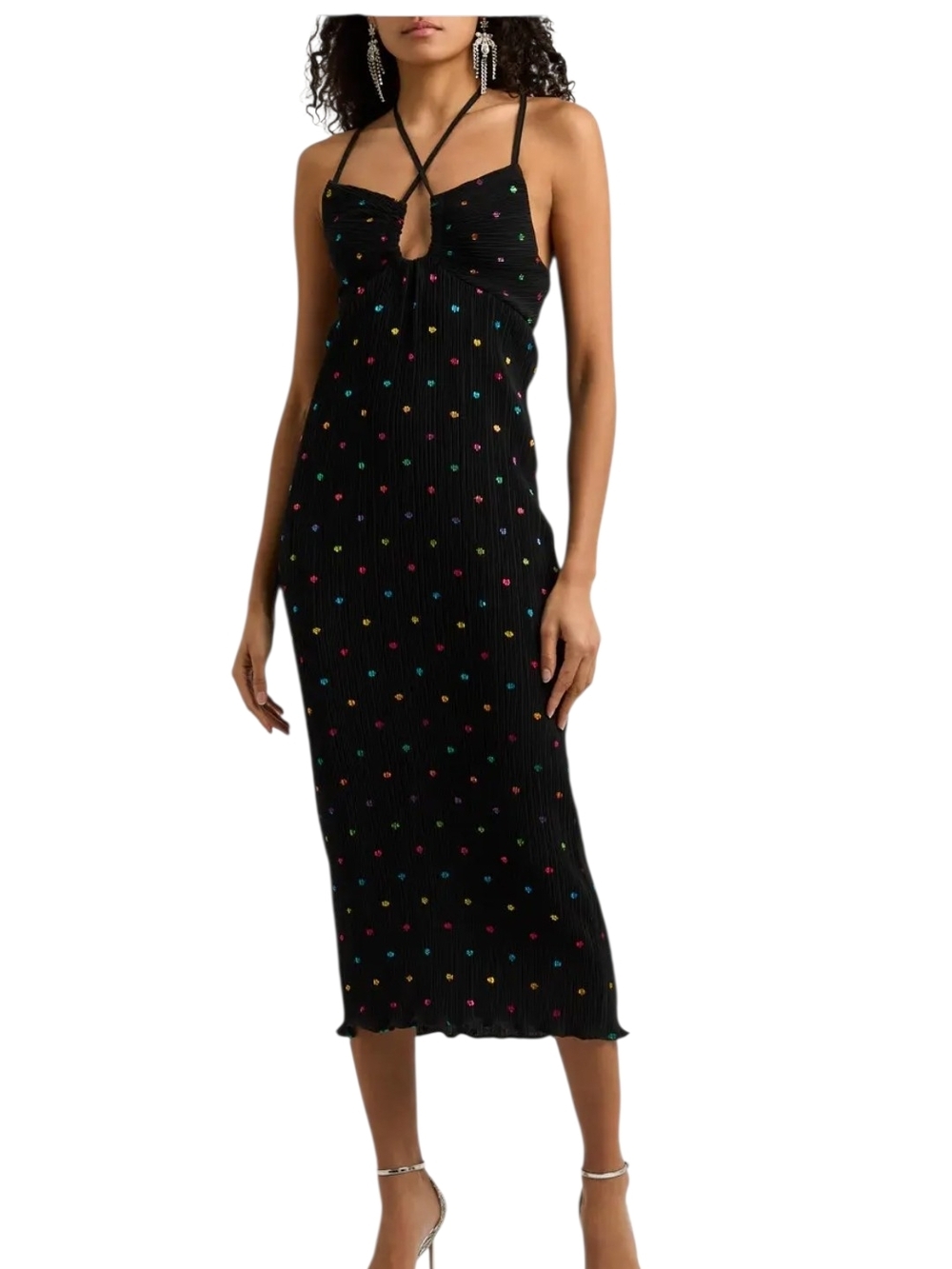 NWT Never Fully Dressed Megan Plissé Dress L Blk Metallic Polka Dot Maxi Halter